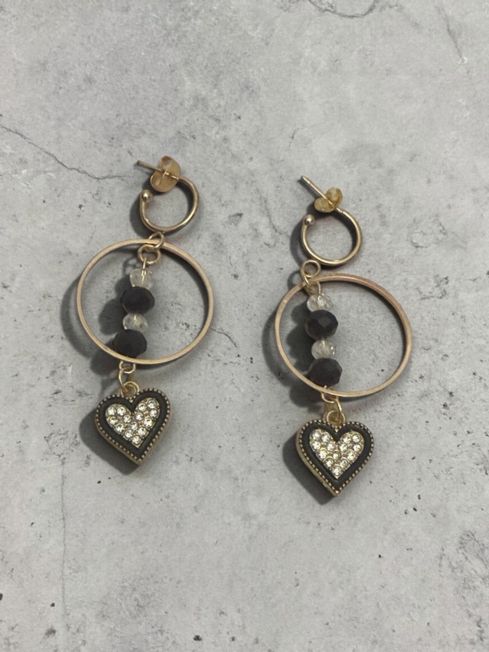Gold-Tone Hoop Earrings with Black Beads & Crystal Heart Dangles